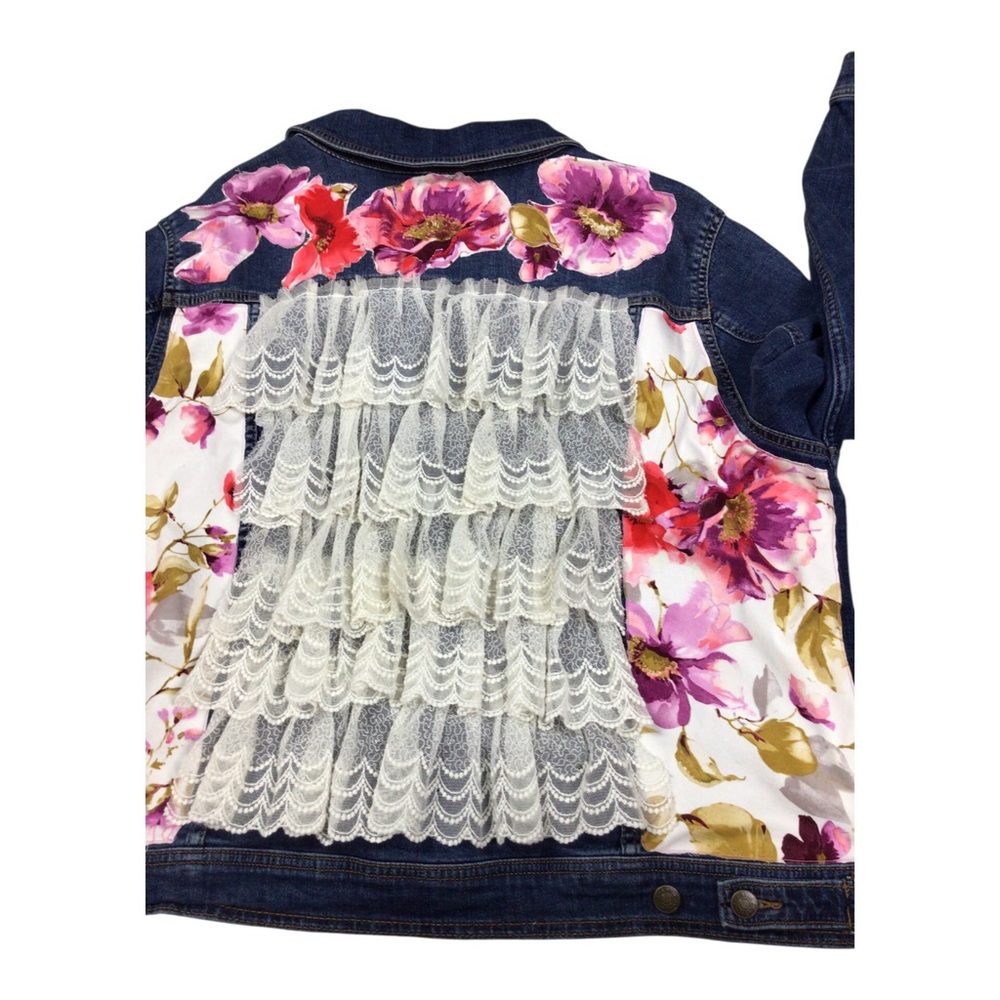 Upcycled Ava & Viv Floral-Accent Dark Blue Denim Jacket One of a Kind 3X - Picture 5 of 9